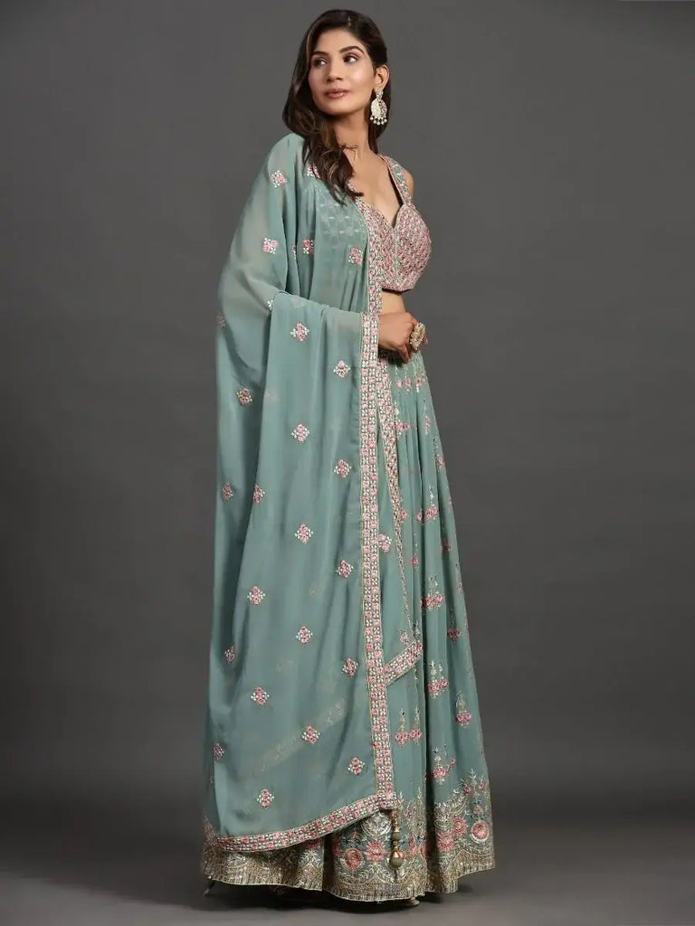 Alluring Sea Green Embroidered Georgette Marriage Wear Lehenga Choli