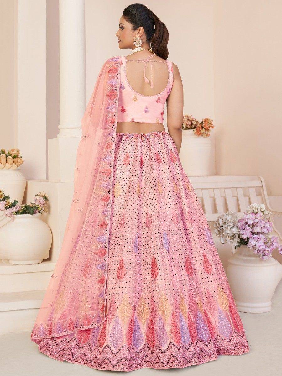 Pink embroidered lehenga choli with back tie blouse and sheer dupatta, ethnic Indian wear