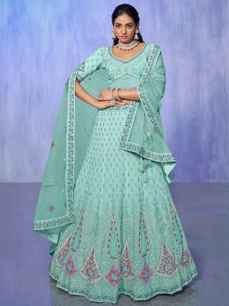 Beautiful Aqua Blue Embroidered Georgette Bridesmaid Lehenga Choli