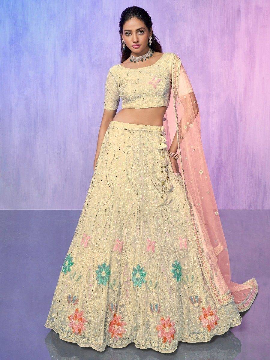 Cream floral embroidered lehenga choli with pink dupatta, Indian ethnic wear for weddings and festivals