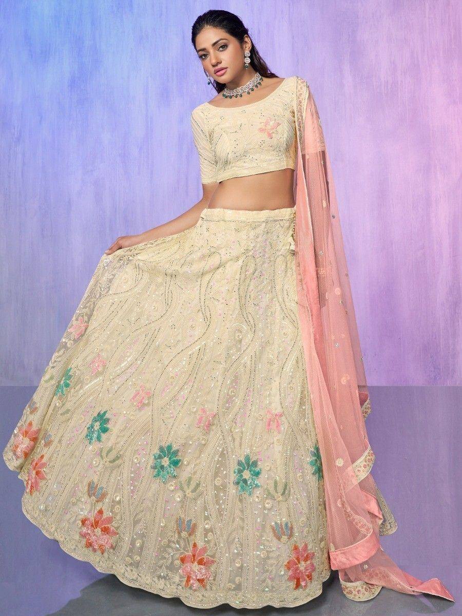 Cream floral embroidered lehenga choli with pink dupatta, Indian ethnic wear for weddings and parties
