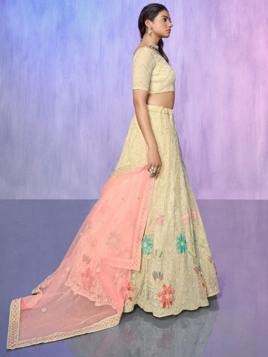 Beige floral embroidered lehenga choli with peach dupatta, Indian ethnic wear for weddings and festivals