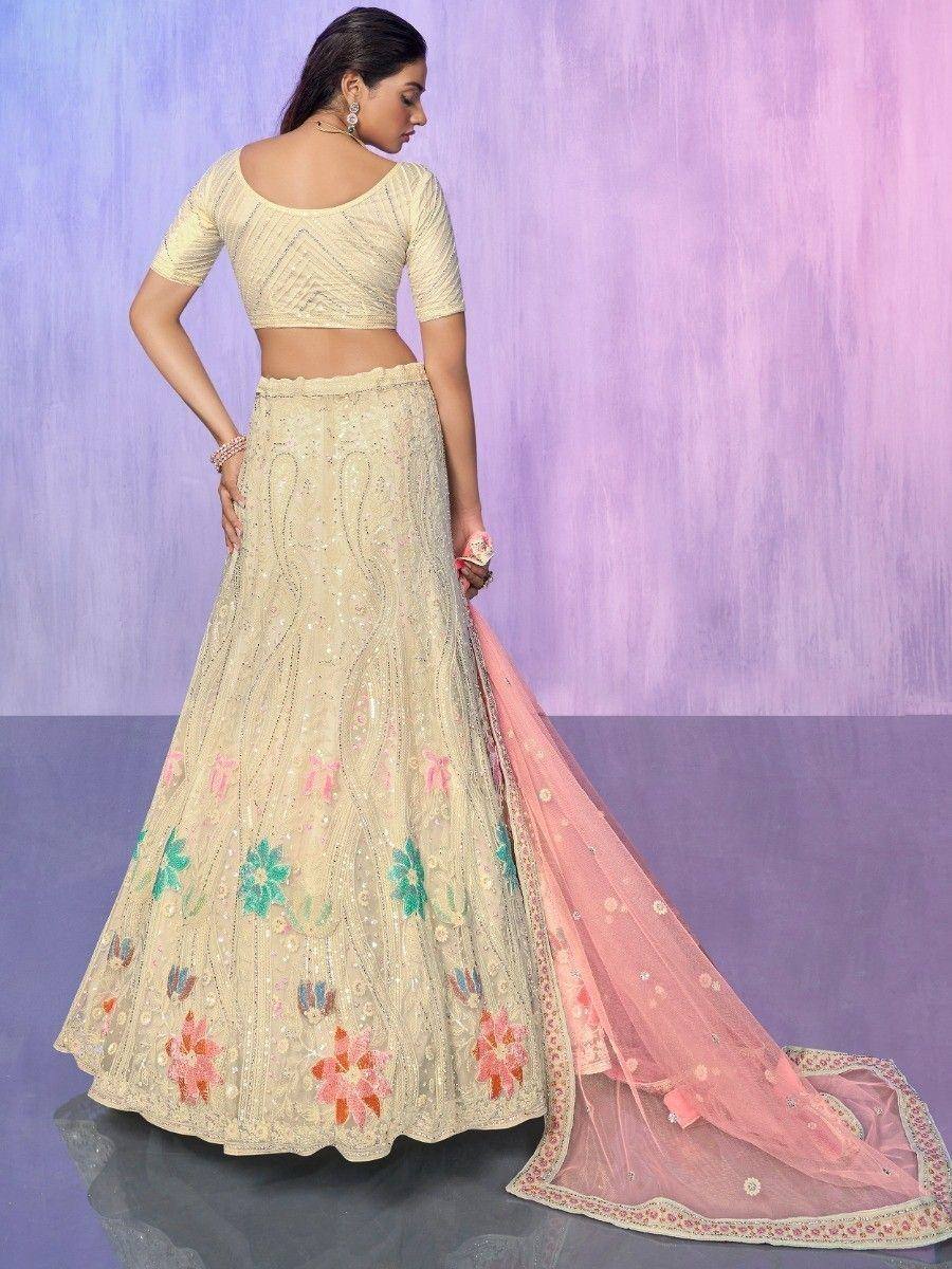 Cream floral embroidered lehenga choli with pink dupatta, Indian ethnic wear for women