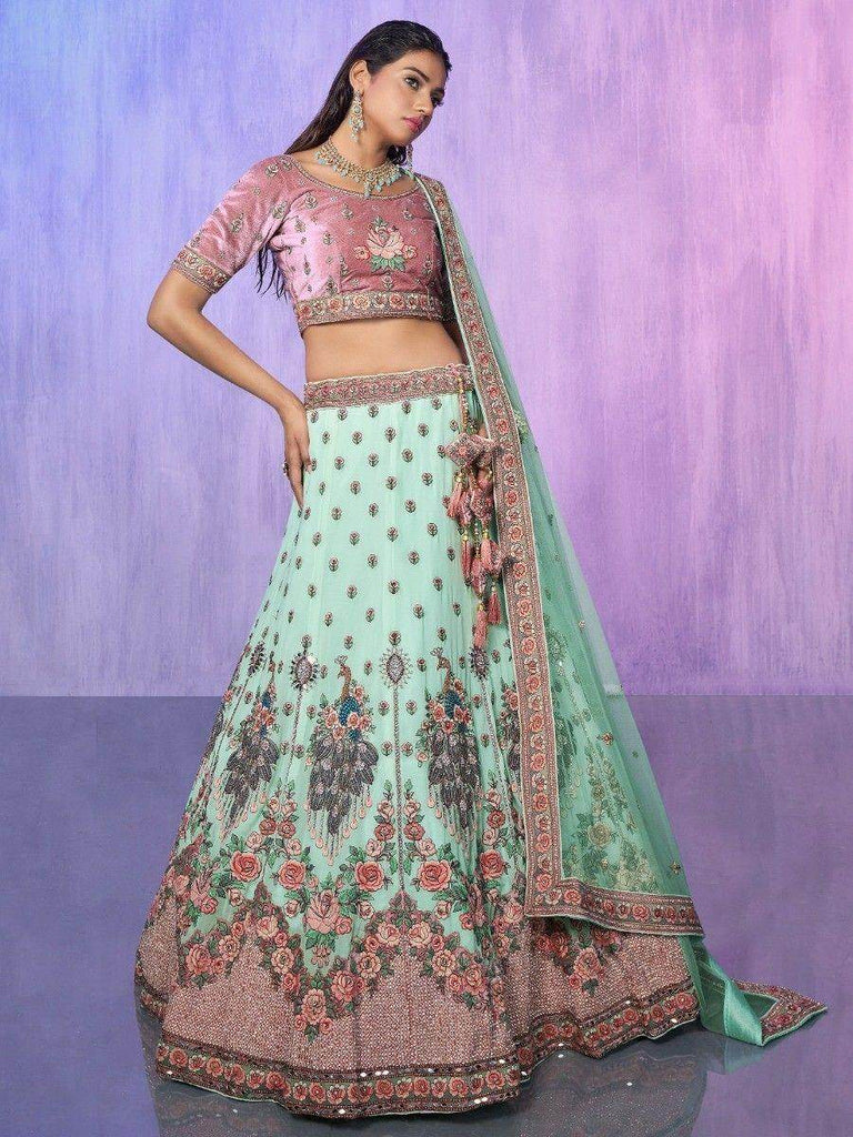 Amazing Aqua Green Floral Embroidered Georgette Lehenga Choli