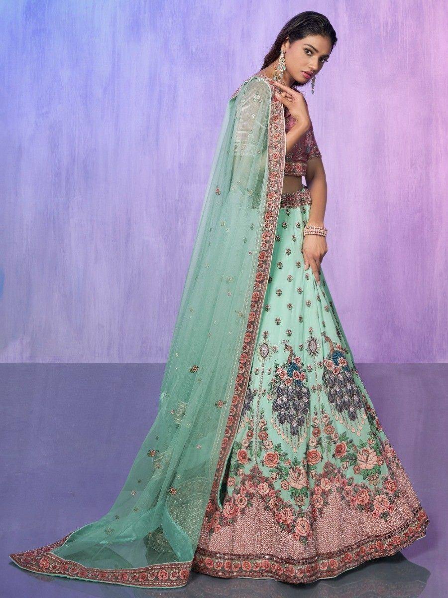 Mint green lehenga choli with peacock and floral embroidery, perfect for Indian ethnic wear occasions