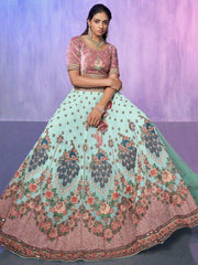 Amazing Aqua Green Floral Embroidered Georgette Lehenga Choli