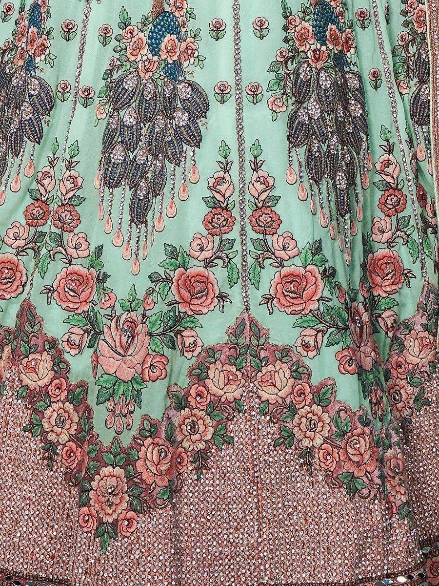 Mint green lehenga with pink rose embroidery and sequin detailing, ethnic Indian wear