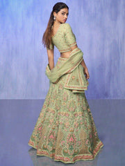 Wonderful Green Embroidered Net Wedding Lehenga Choli With Dupatta