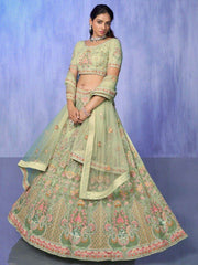Wonderful Green Embroidered Net Wedding Lehenga Choli With Dupatta