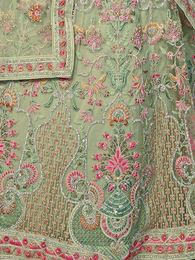 Wonderful Green Embroidered Net Wedding Lehenga Choli With Dupatta