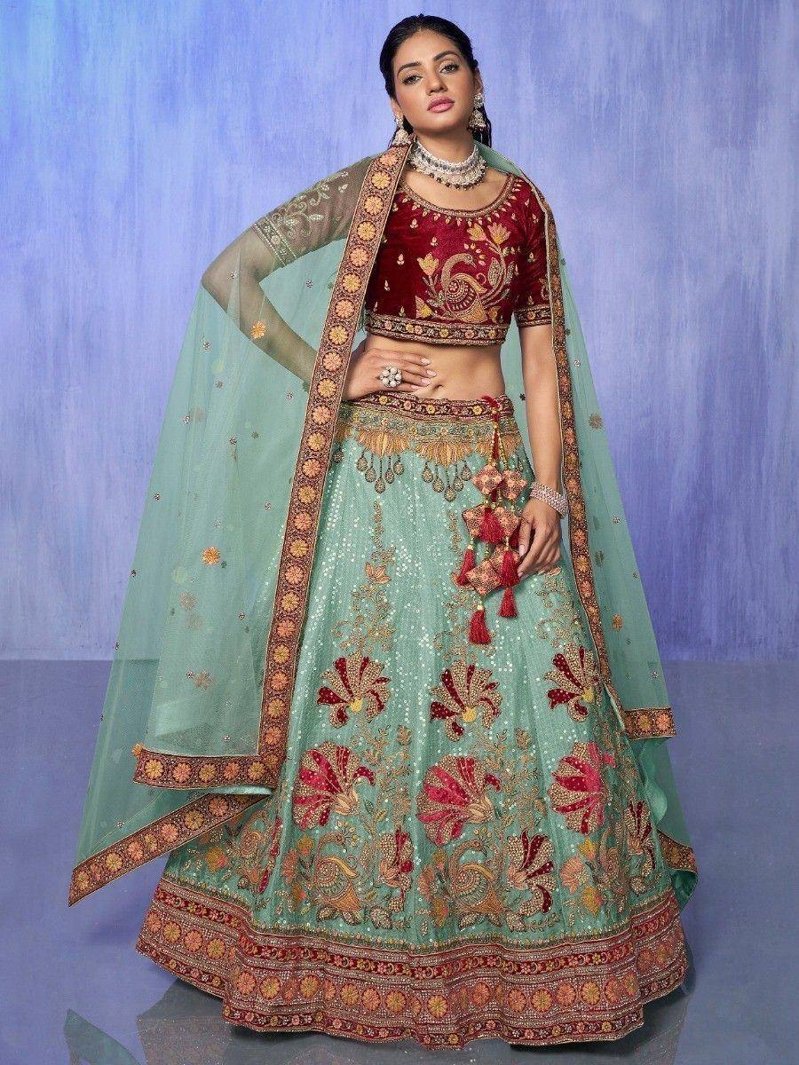 Mint green and maroon embroidered lehenga choli with dupatta, Indian ethnic wear for weddings