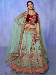 Attractive Turquoise Sequins Velvet Bridal Lehenga Choli With Dupatta