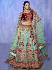 Attractive Turquoise Sequins Velvet Bridal Lehenga Choli With Dupatta