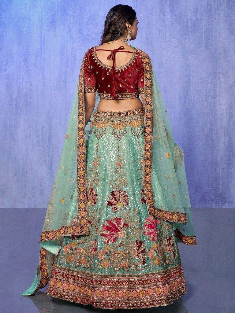 Attractive Turquoise Sequins Velvet Bridal Lehenga Choli With Dupatta