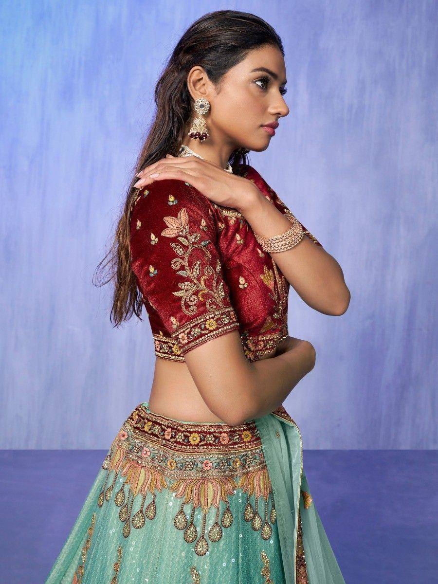 Maroon embroidered blouse with mint green lehenga, traditional Indian ethnic wear for women