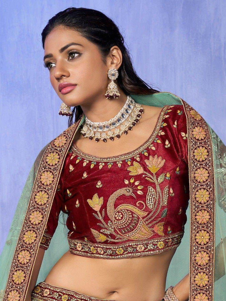 Attractive Turquoise Sequins Velvet Bridal Lehenga Choli With Dupatta