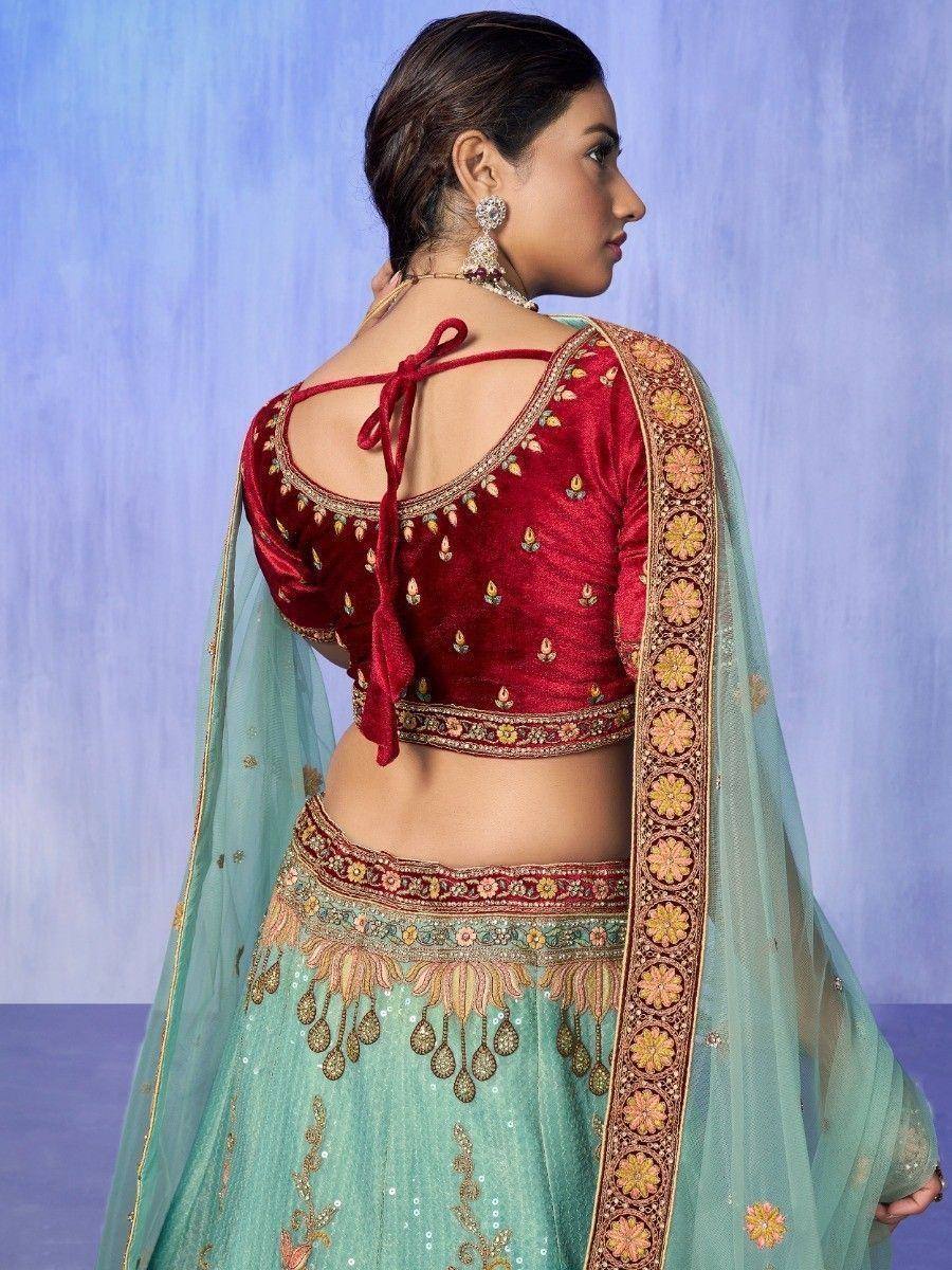 Red velvet blouse with back tie & mint green lehenga, ethnic Indian wear for weddings