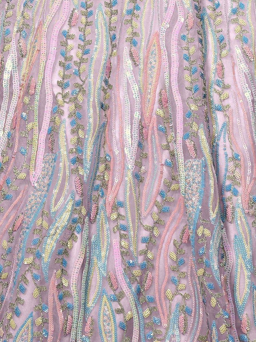 Pastel sequin-embellished ethnic gown fabric with floral vine patterns in pink, blue, and gold tones