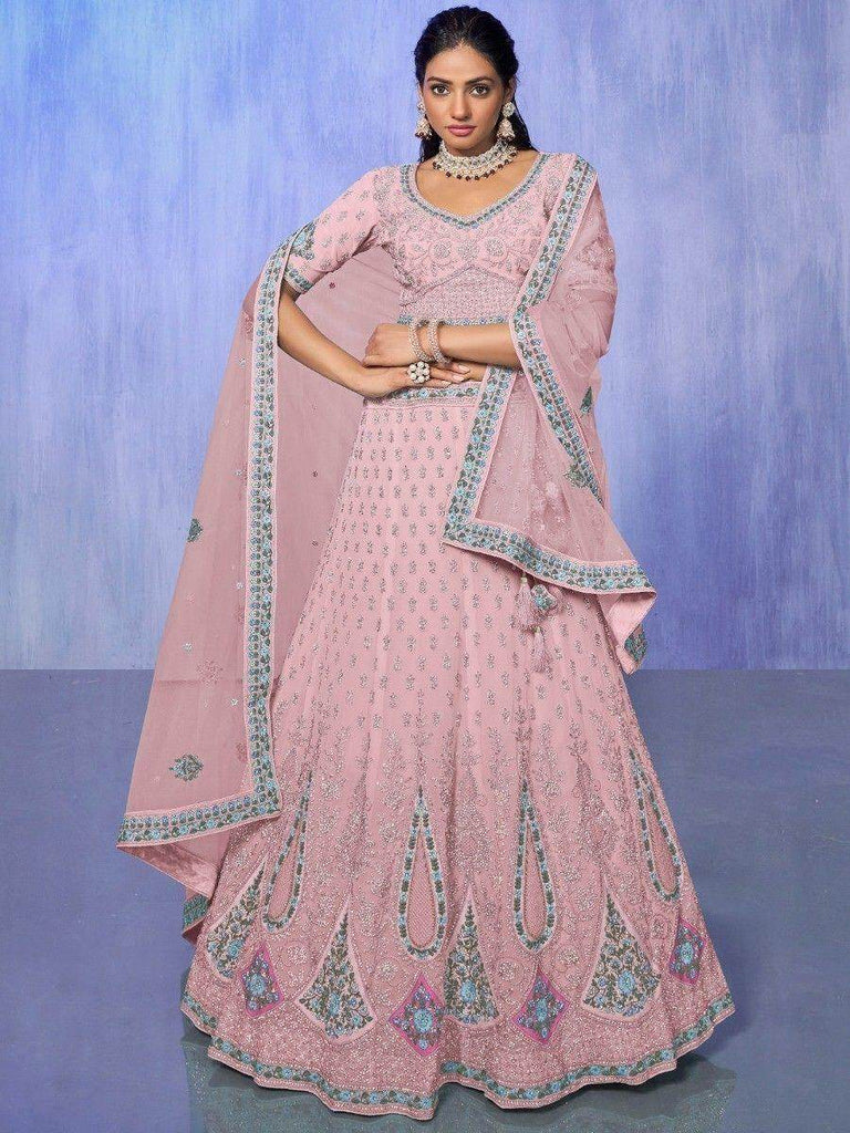 Fabulous Pink Floral Embroidered Georgette Wedding Lehenga Choli