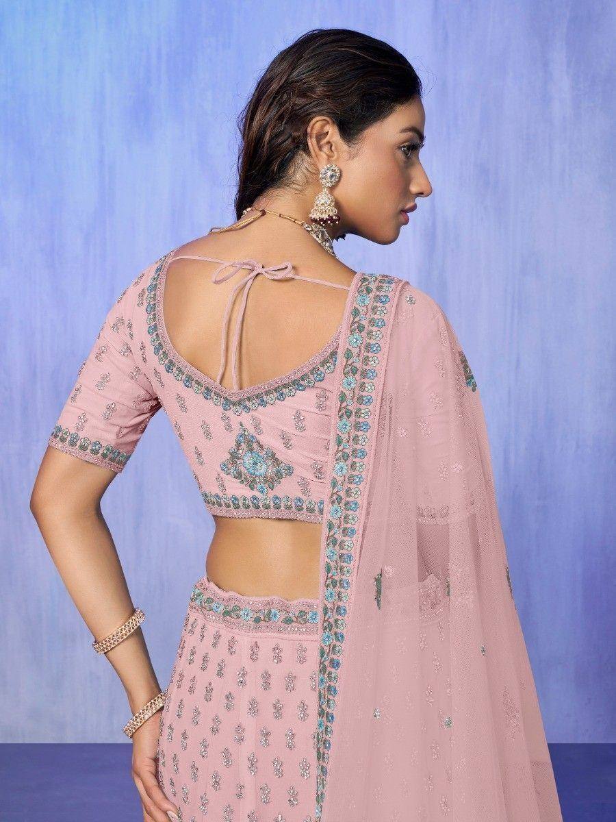Pink embroidered lehenga choli with back tie detail and matching dupatta, ideal for Indian ethnic occasions