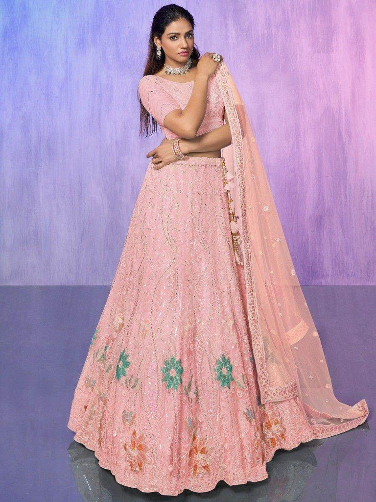 Precious Peach Sequins Net Engagement Wear Lehenga Choli