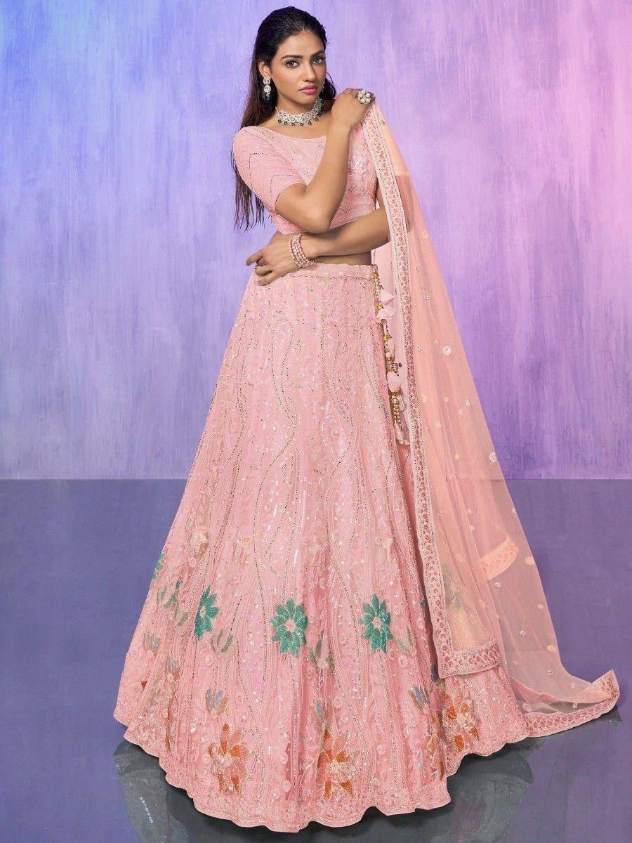 Pink floral embroidered lehenga choli with dupatta, Indian ethnic wear for weddings and festivals