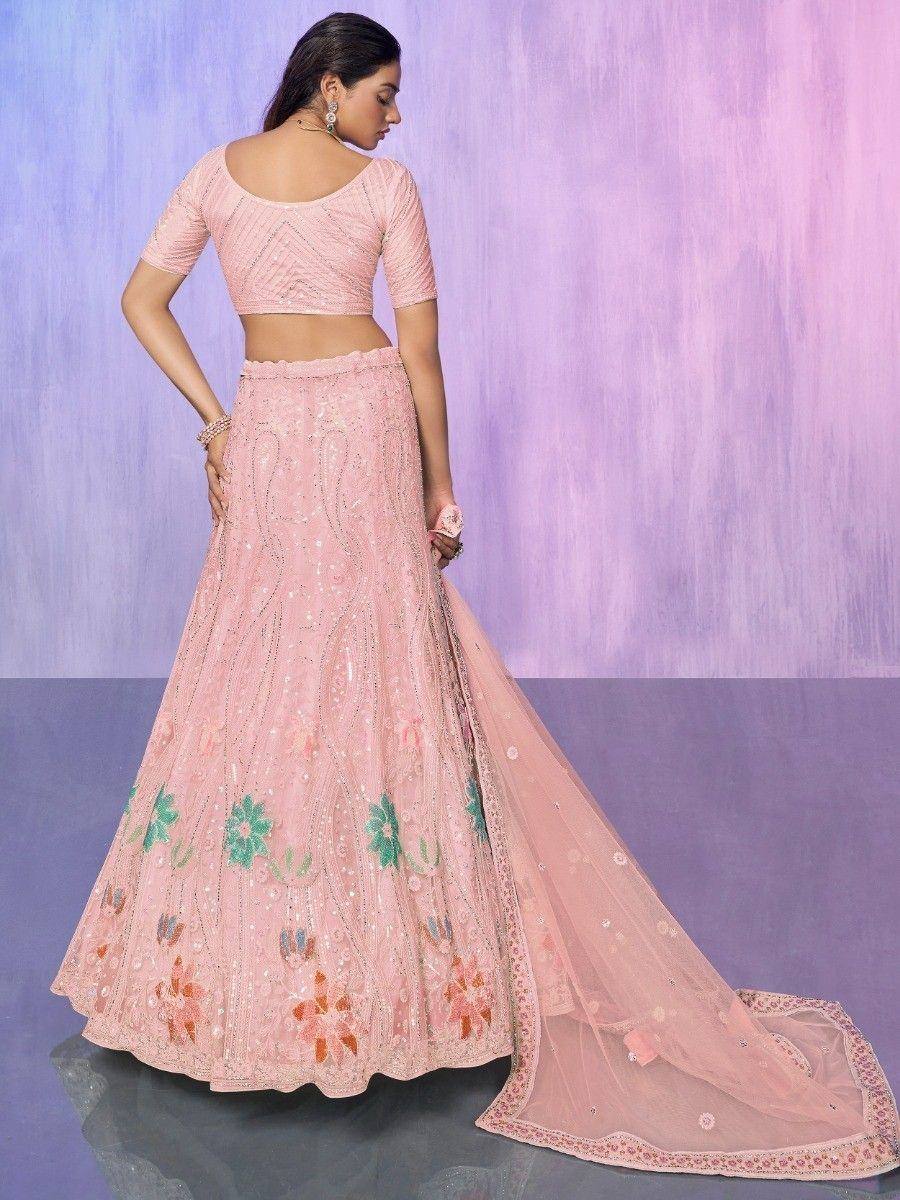 Pink floral embroidered lehenga choli with sheer dupatta, Indian ethnic wear for women