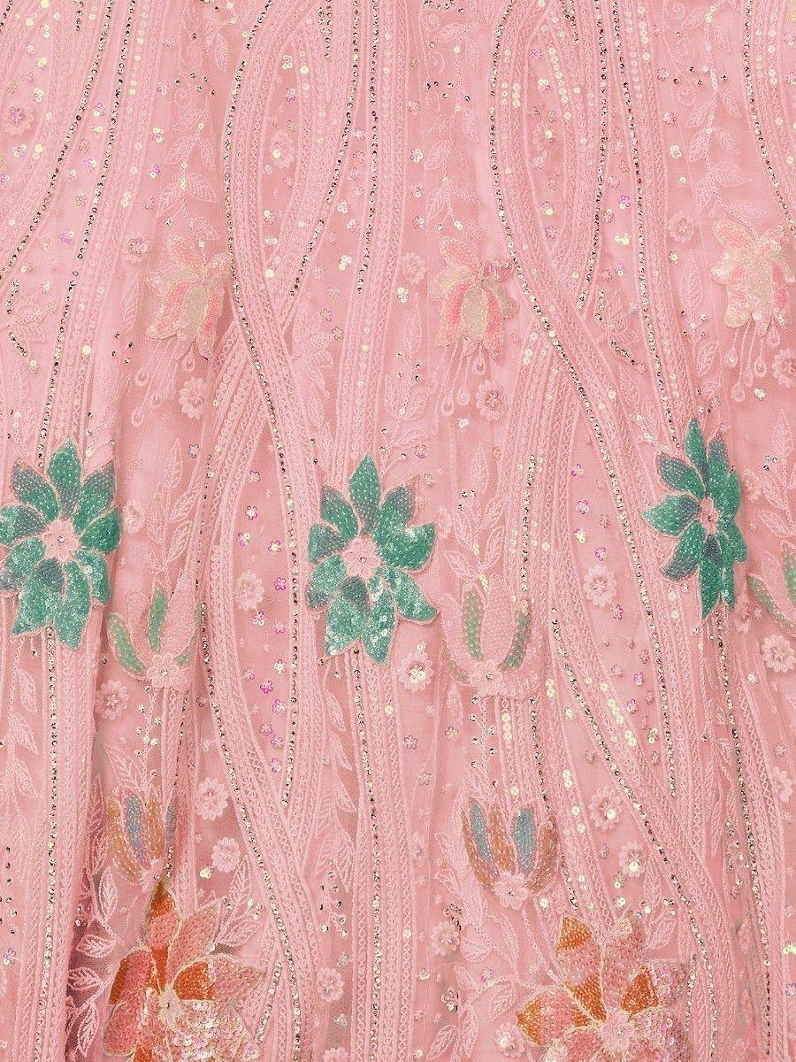 Pink embroidered lehenga with green and orange floral sequin work, perfect for Indian ethnic wear