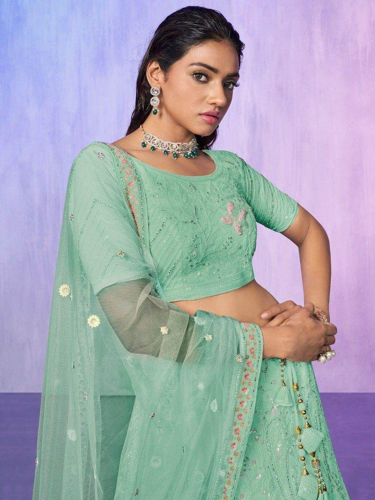 Fascinating Aqua Green Sequins Net Lehenga Choli With Dupatta
