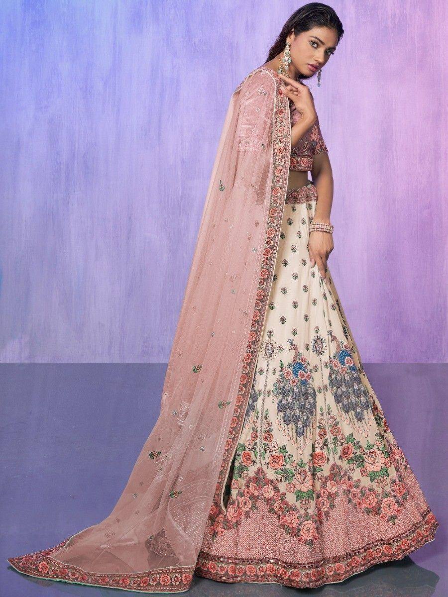 Floral peacock print lehenga choli with sheer dupatta, Indian ethnic wear for weddings and festivals