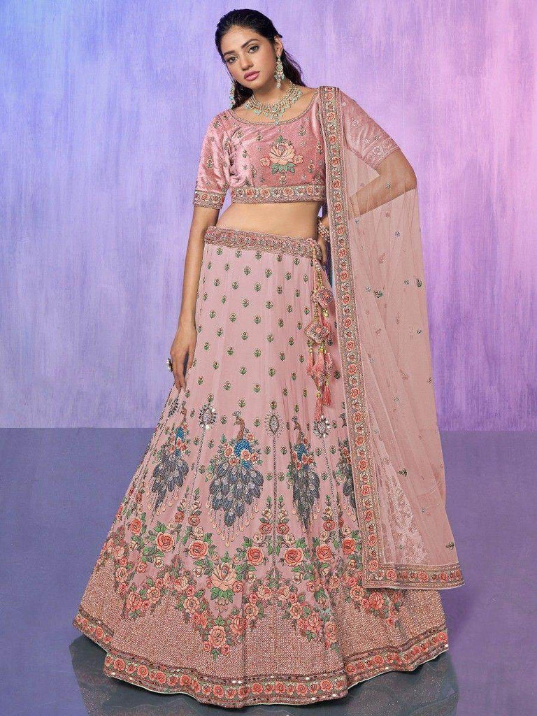 Adorable Peach Floral Embroidered Georgette Bridesmaid Lehenga Choli