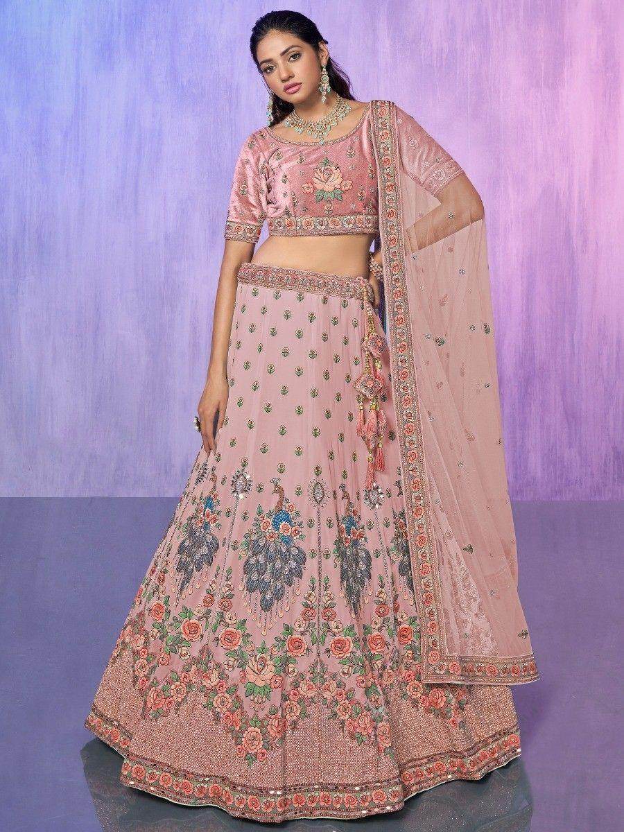 Adorable Peach Floral Embroidered Georgette Bridesmaid Lehenga Choli