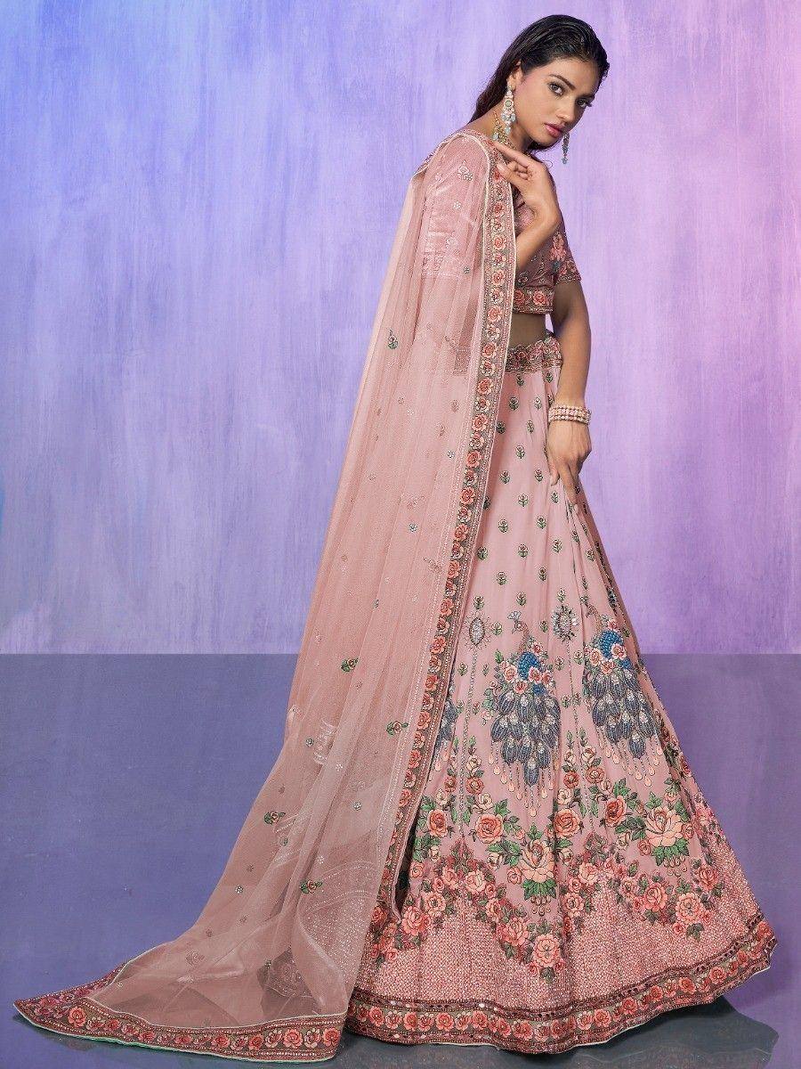 Pink floral embroidered lehenga choli with dupatta, Indian ethnic wear for weddings and occasions