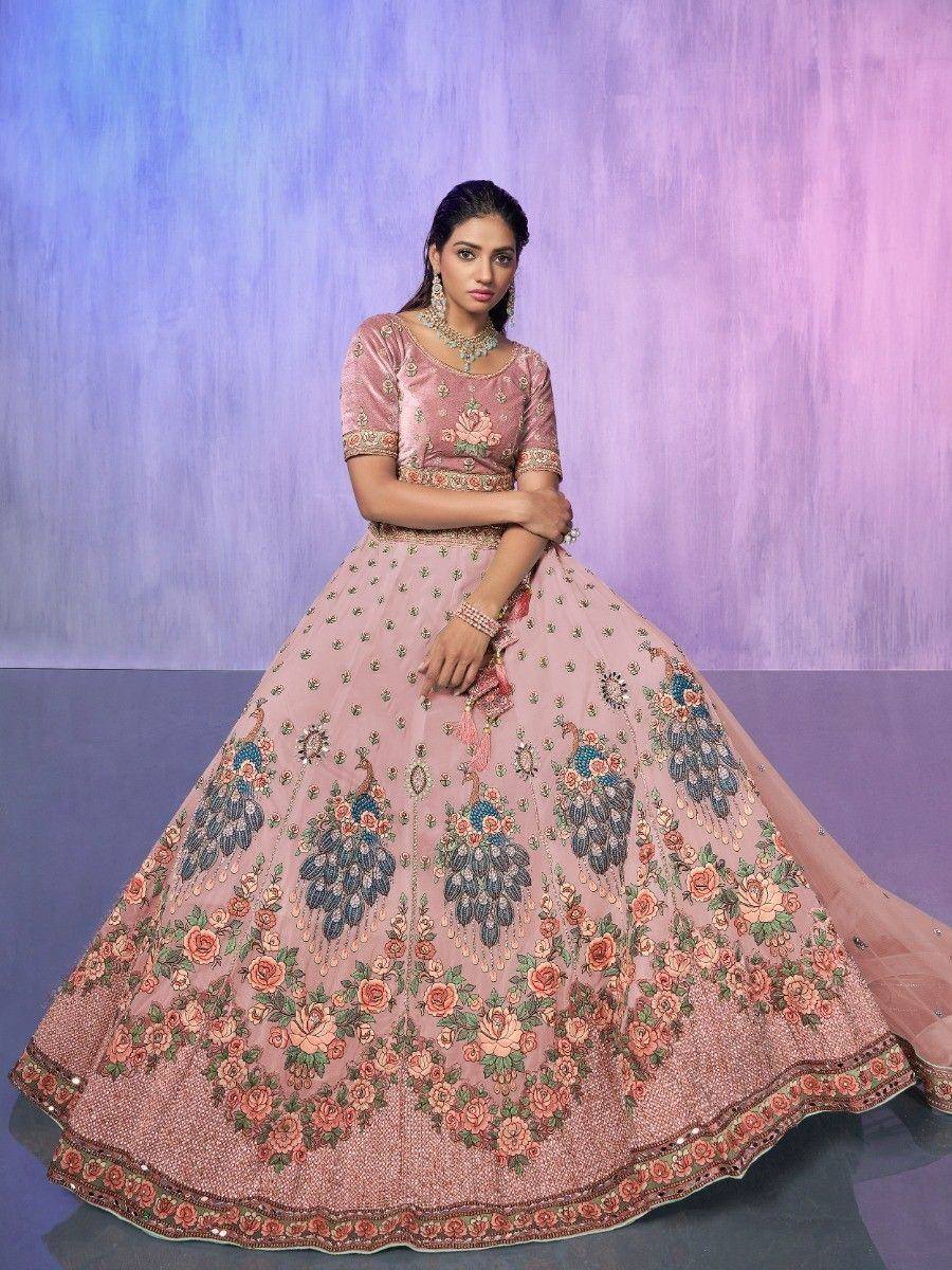 Pink floral embroidered lehenga choli with peacock motifs, perfect for Indian ethnic occasions