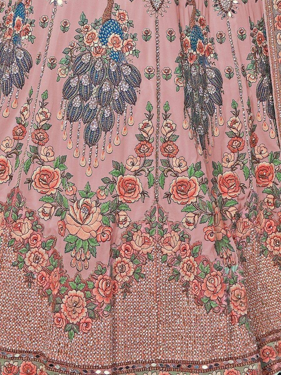 Pink lehenga with peacock and rose embroidery, sequin detailing, ethnic Indian wear