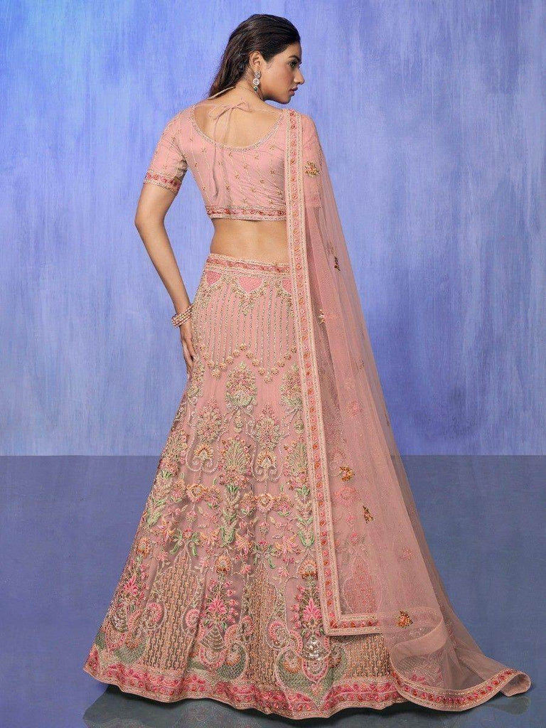 Pretty Peach Embroidered Net Designer Lehenga Choli With Dupatta