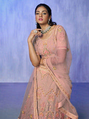 Pretty Peach Embroidered Net Designer Lehenga Choli With Dupatta