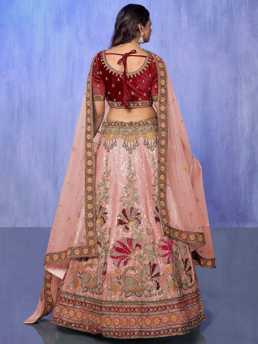 Pink embroidered lehenga choli with maroon velvet blouse and dupatta, Indian ethnic wear