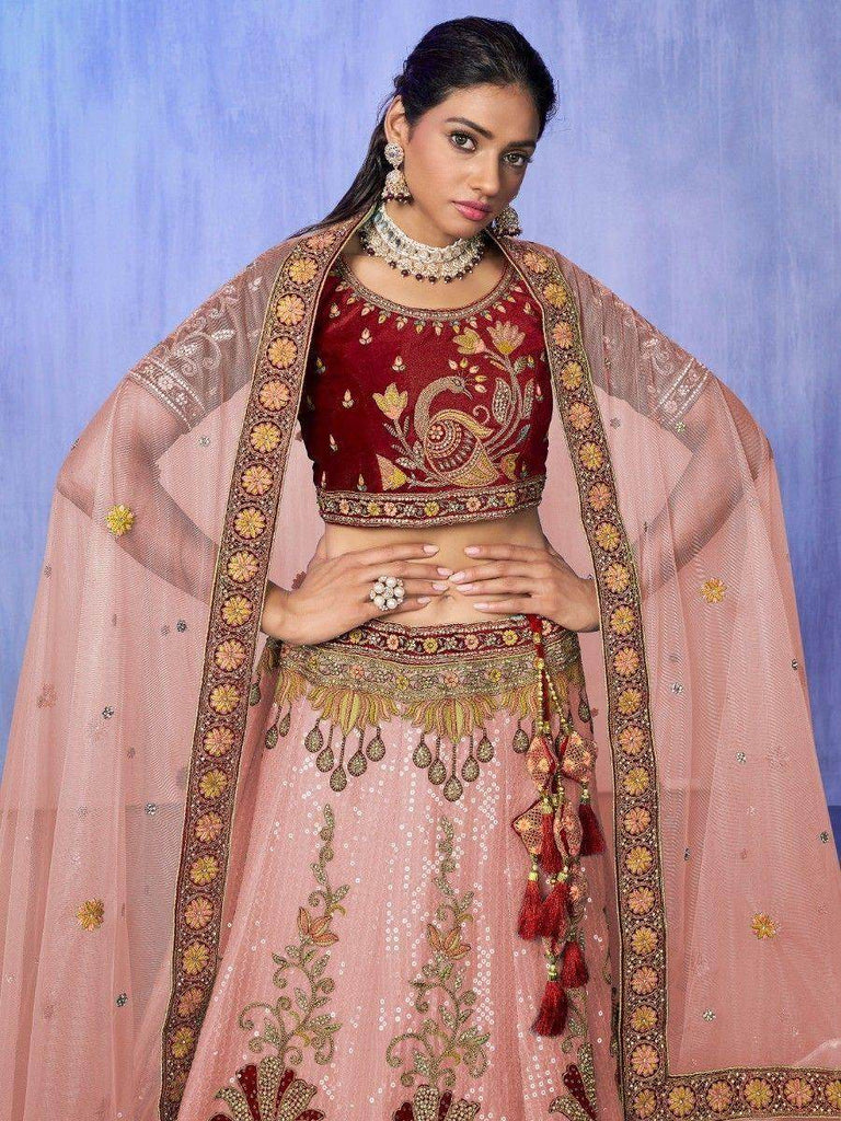 Stunning Peach Embroidered Velvet Wedding Lehenga Choli With Dupatta