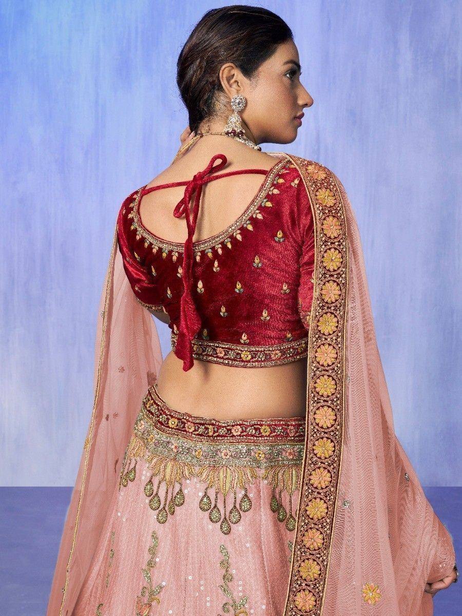 Red velvet blouse with back tie and pink lehenga, ethnic Indian wedding wear