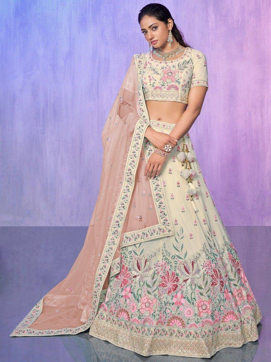 Floral embroidered lehenga choli with pink dupatta, Indian ethnic wear for weddings and festivals