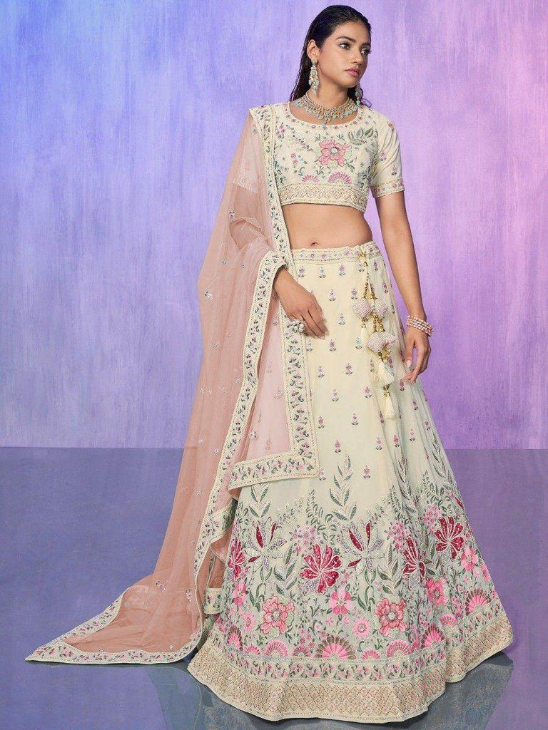 Lovely Off-White Floral Embroidered Georgette Lehenga Choli