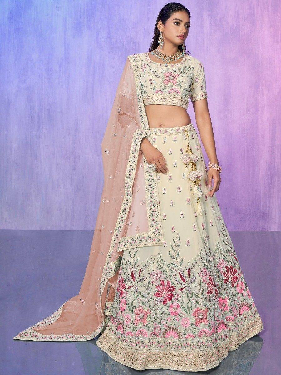 Cream floral embroidered lehenga choli with pink dupatta, Indian ethnic wear for weddings and parties