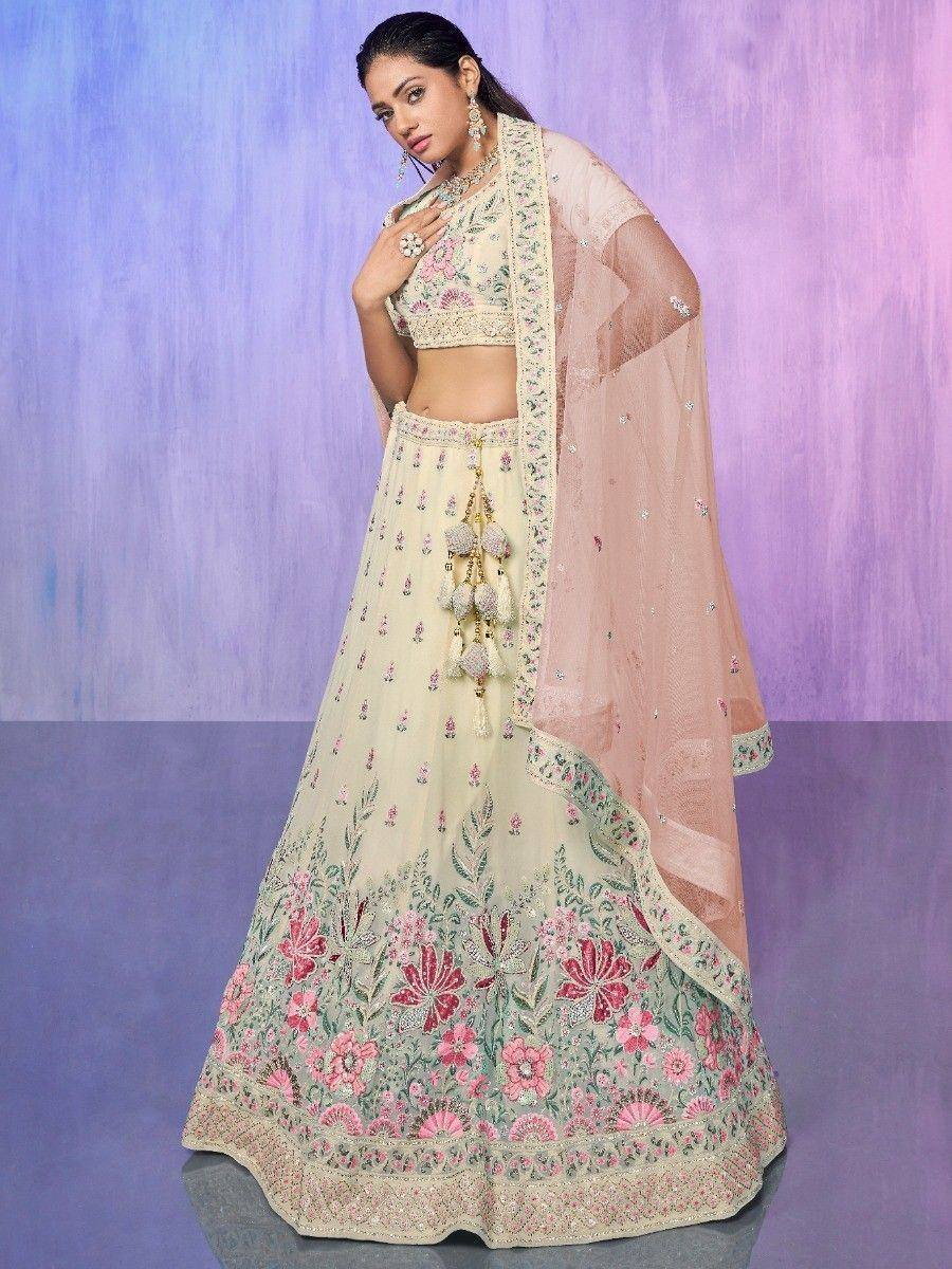 Floral embroidered lehenga choli with sheer dupatta, Indian ethnic wear for weddings and celebrations