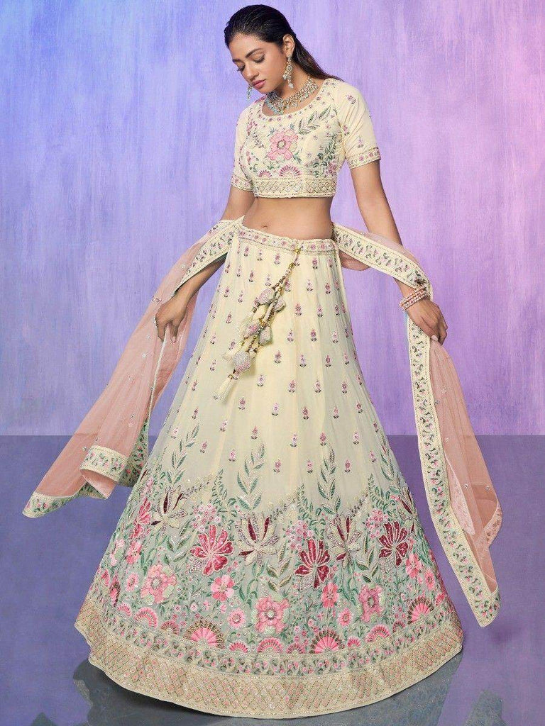 Lovely Off-White Floral Embroidered Georgette Lehenga Choli
