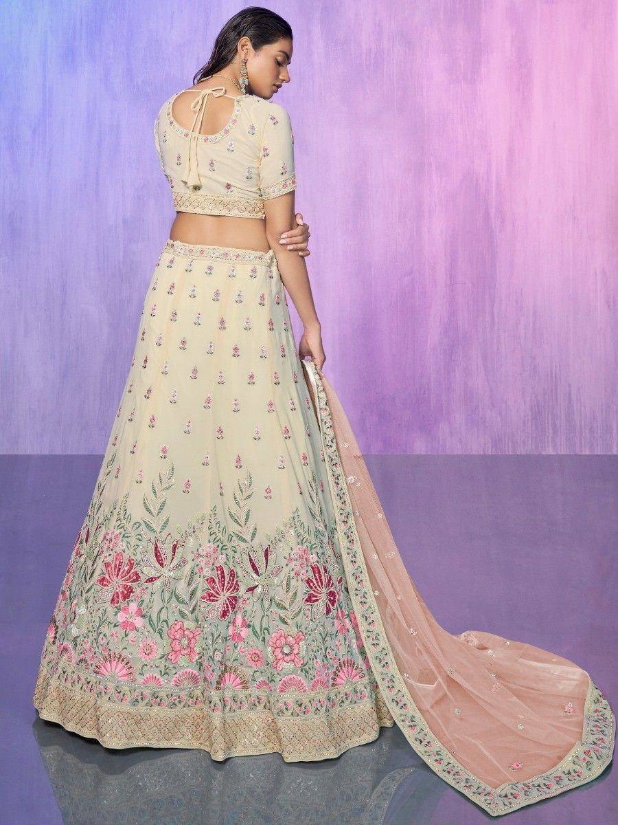 Cream floral embroidered lehenga choli with pink dupatta, Indian ethnic wear for weddings and parties
