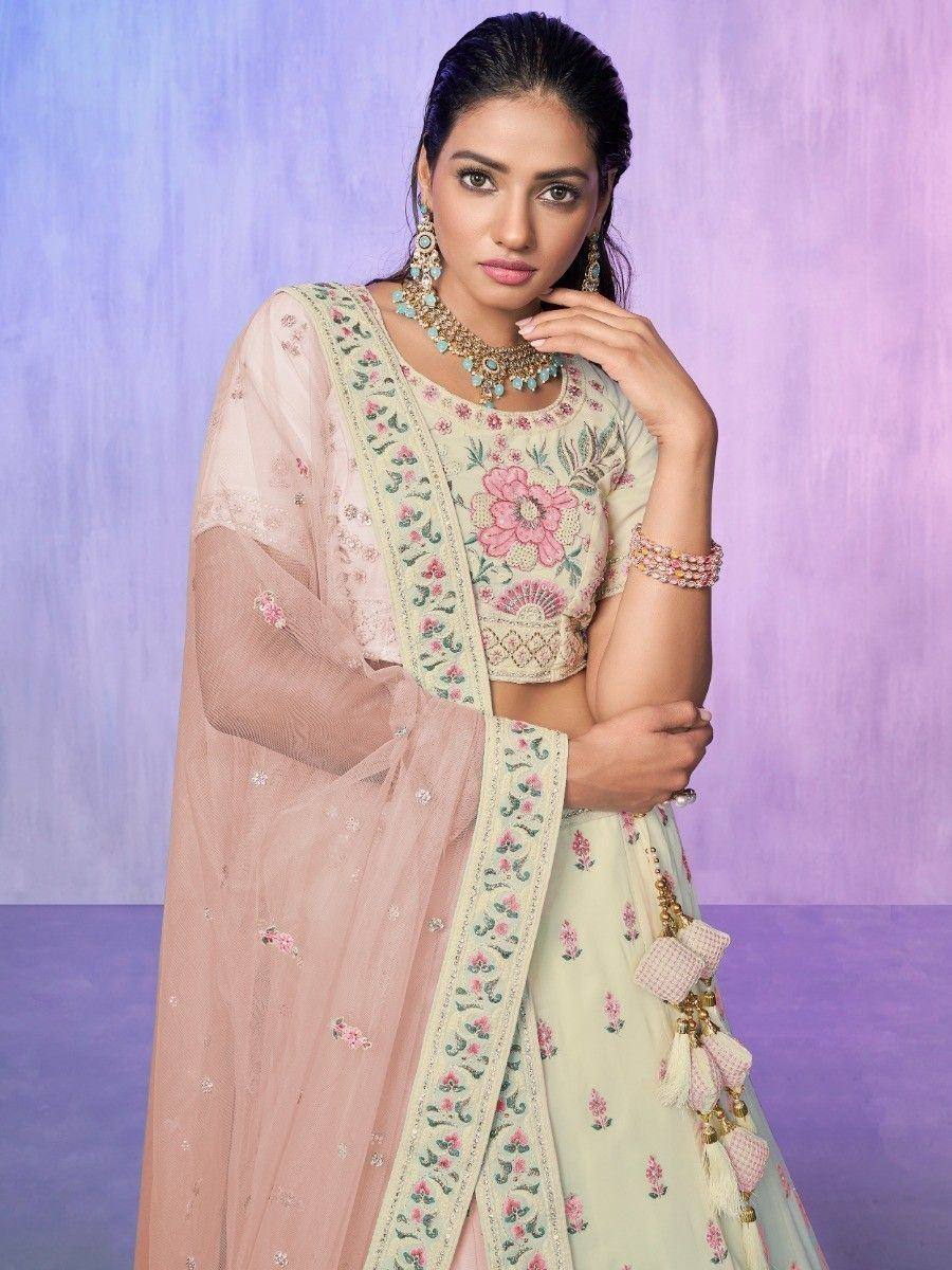 Elegant floral embroidered lehenga choli with pink dupatta, perfect for Indian ethnic occasions