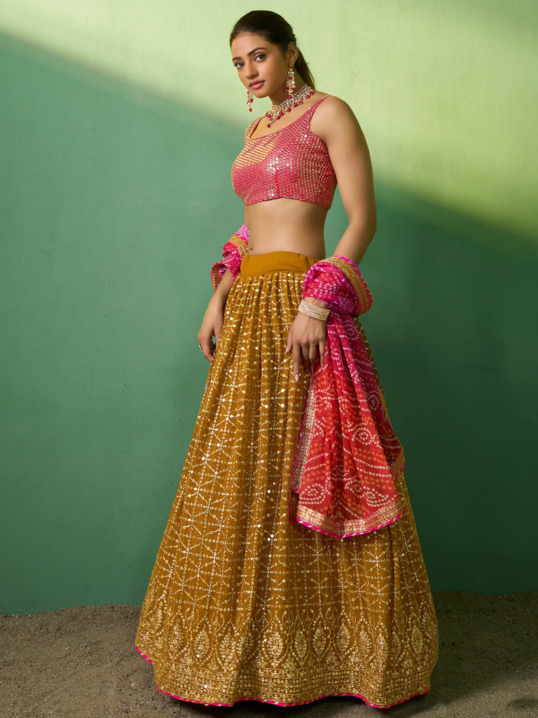 Lovely Mustard Sequins Georgette Haldi Wear Lehenga Choli