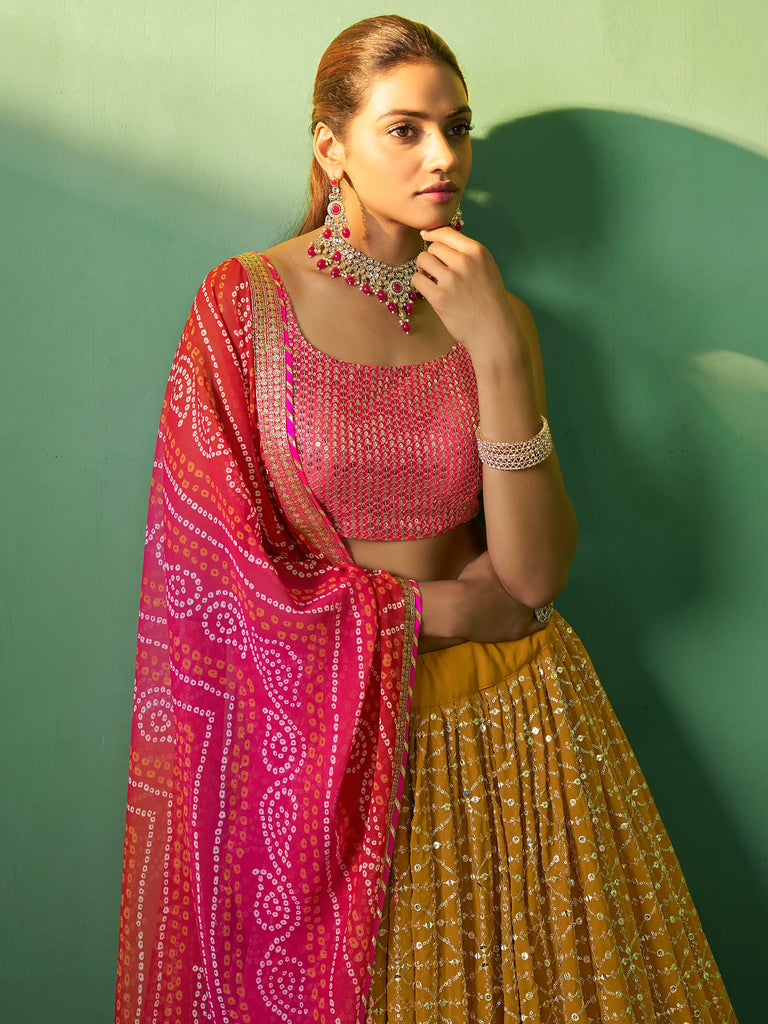 Lovely Mustard Sequins Georgette Haldi Wear Lehenga Choli