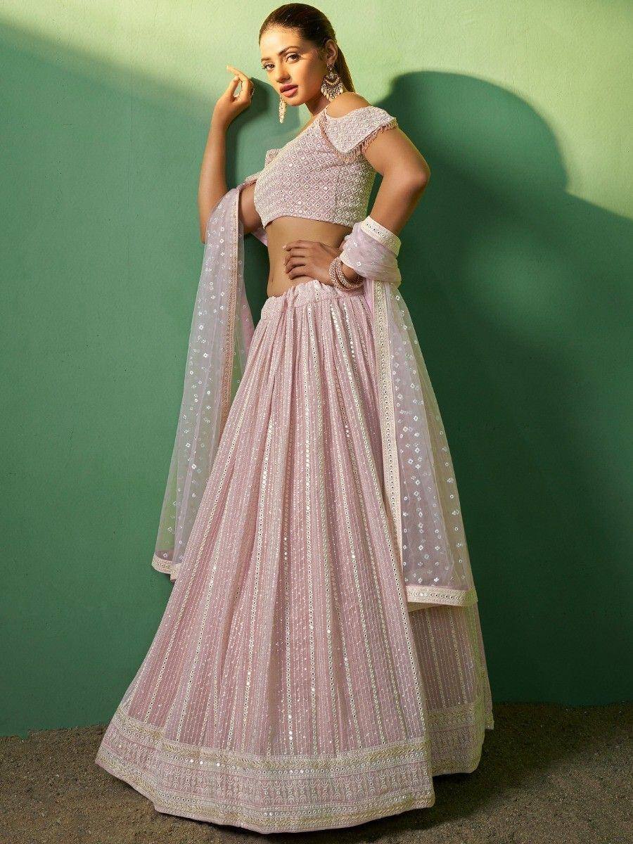 Pink designer lehenga choli with sequin work, off-shoulder blouse, and dupatta for Indian ethnic wear